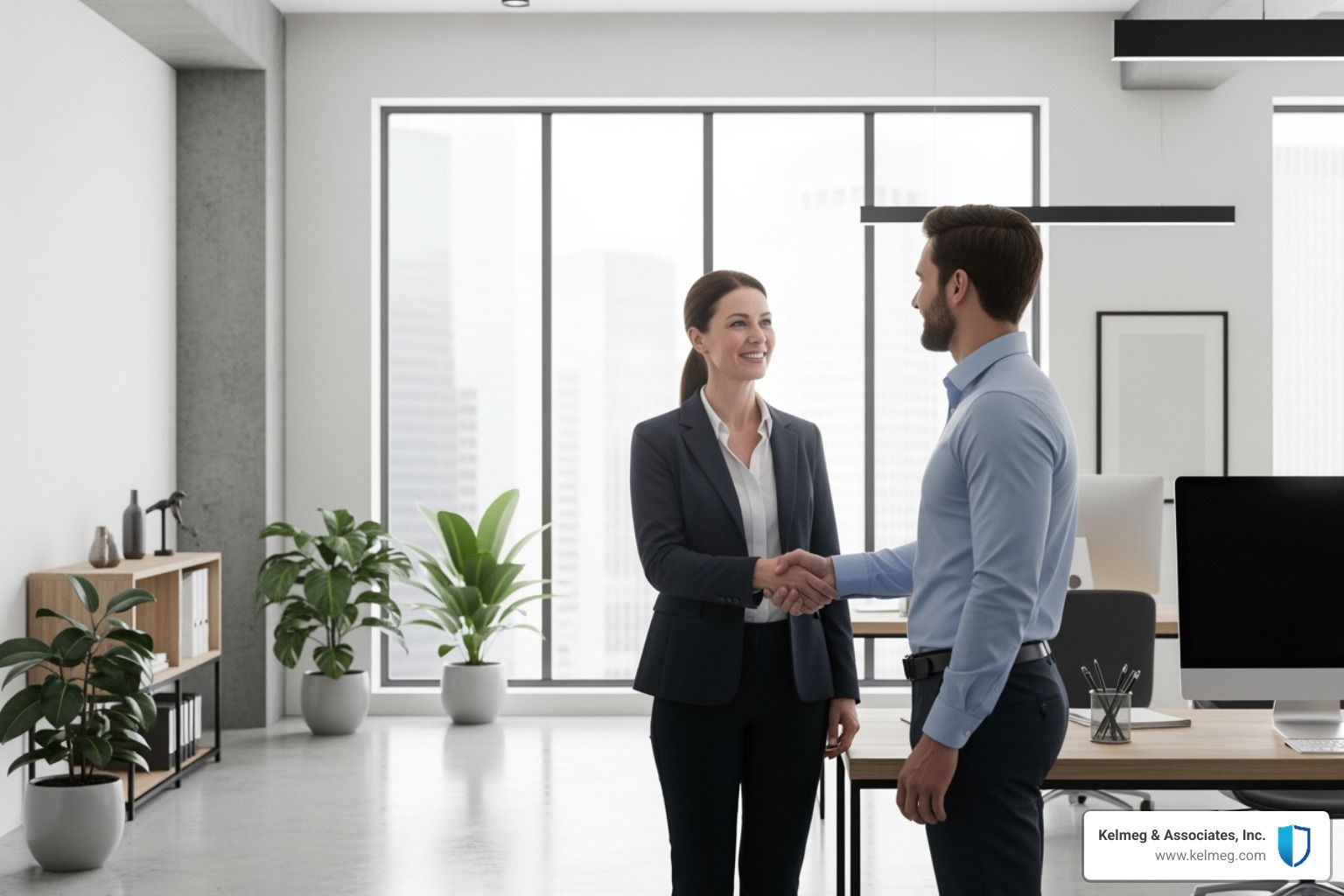 A business owner and an employee shaking hands in a safe, modern office setting. - Covid coverage for employees