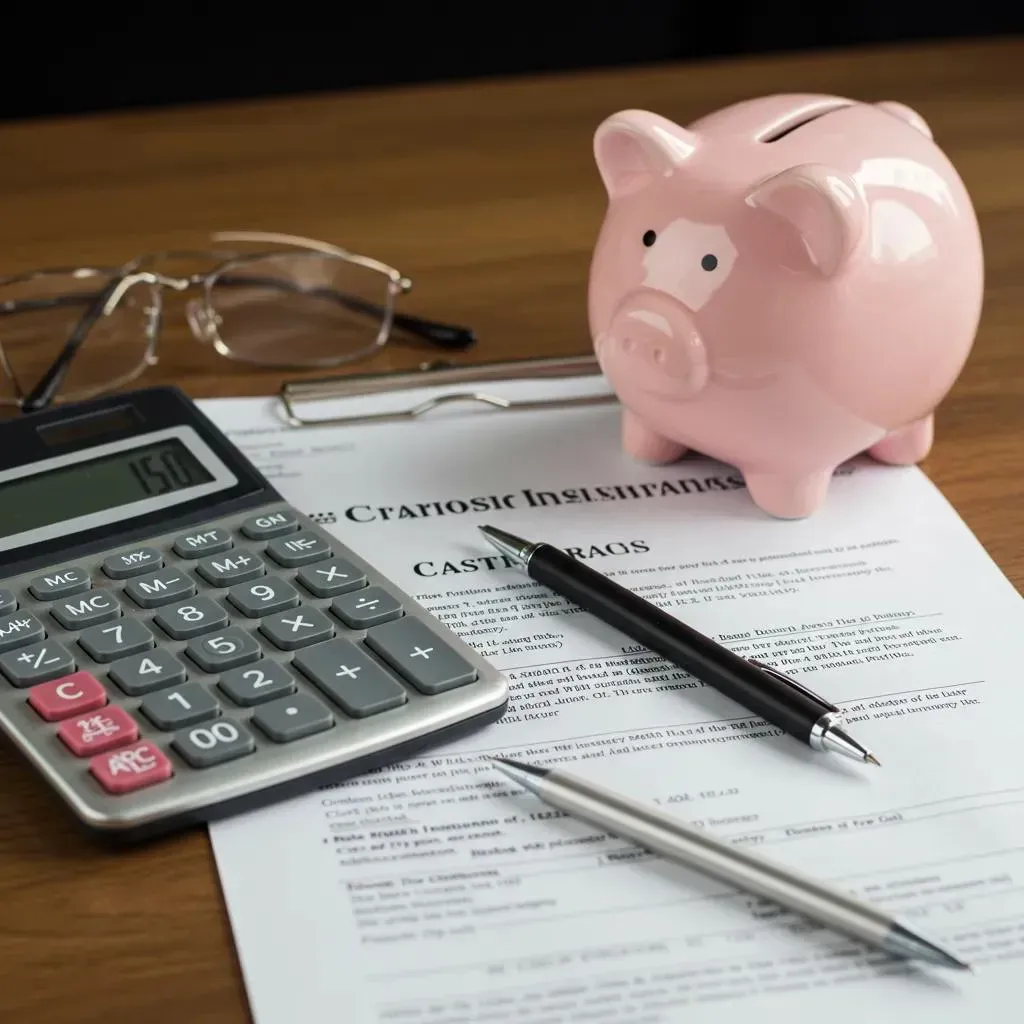 Piggy bank and calculator sit next to insurance documents and pens on a wooden table. Glasses rest nearby.
