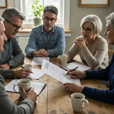 People review documents around a table, holding pens and coffee cups.