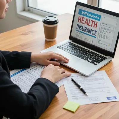 Person reviewing health insurance information on a laptop, with paperwork, coffee, and pen.
