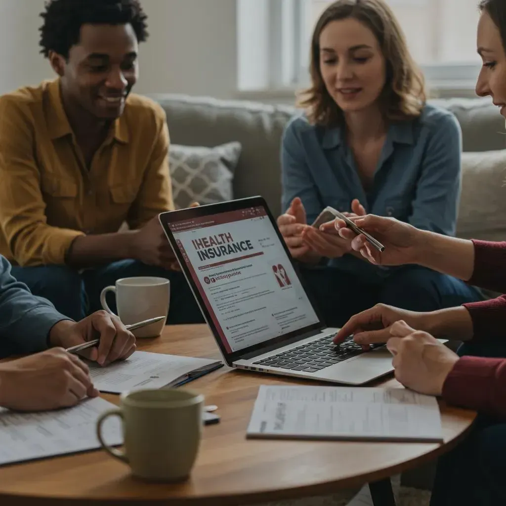 People reviewing health insurance information on a laptop, gathered around a table with paperwork.