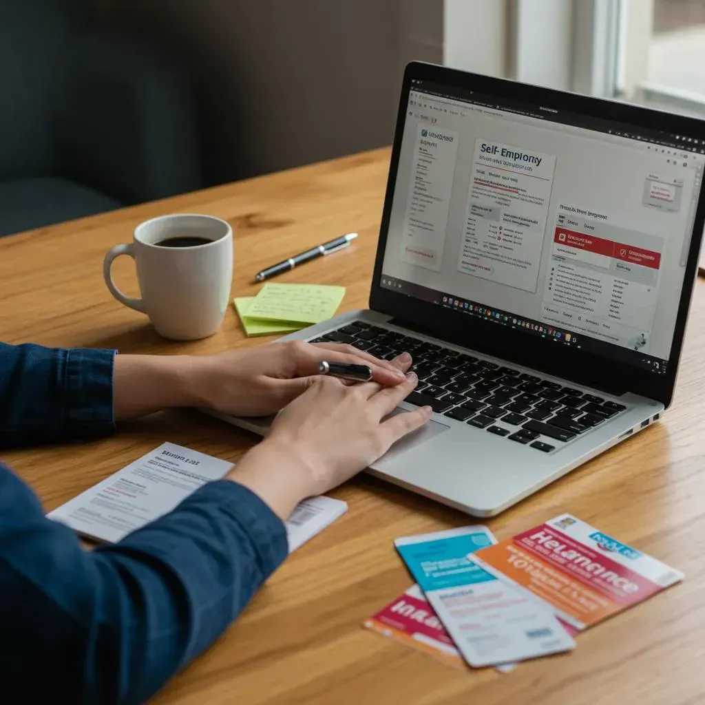 Hands typing on laptop at wooden desk with coffee, papers, and brochures.