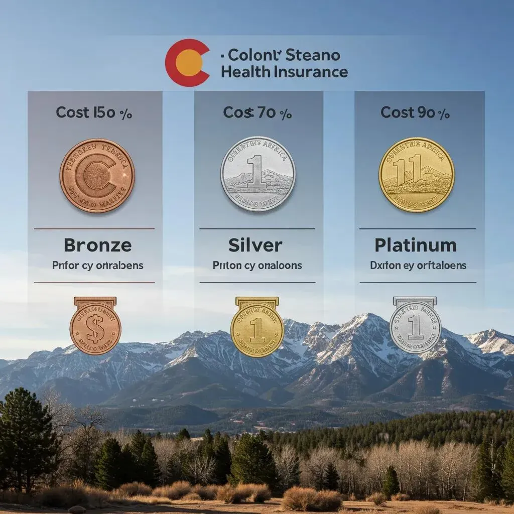 Health insurance plans, Bronze, Silver, and Platinum, shown as coins, with mountain backdrop.