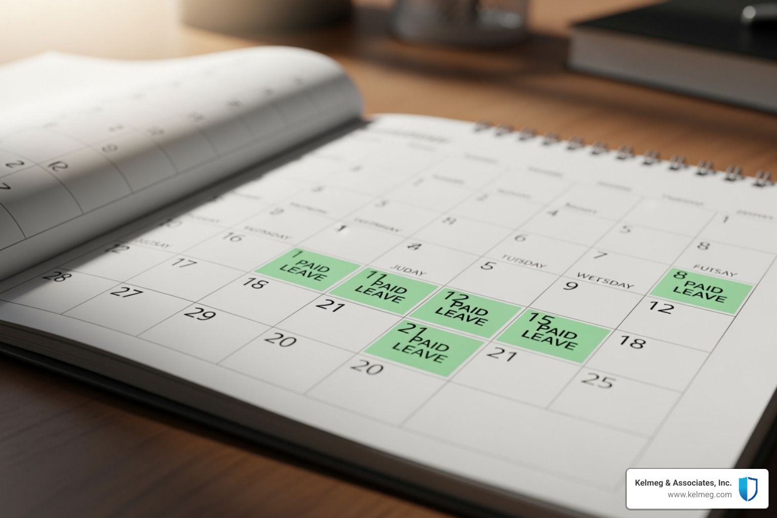 A calendar highlighting paid leave days. - Covid coverage for employees