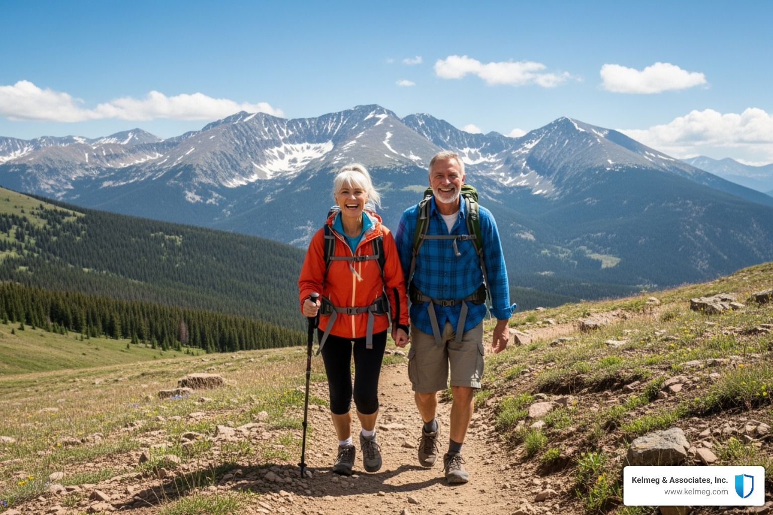 Scenic Colorado mountain range with an active senior couple in the foreground - colorado medicare su