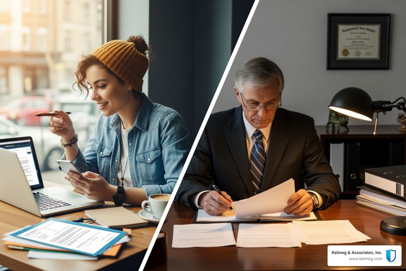 A young person and a person reviewing financial documents, representing the two eligibility paths. - individual catastrophic health insurance