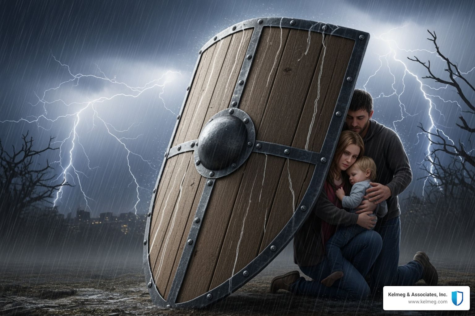 A shield protecting a family from a storm, symbolizing financial protection. - individual catastrophic health insurance