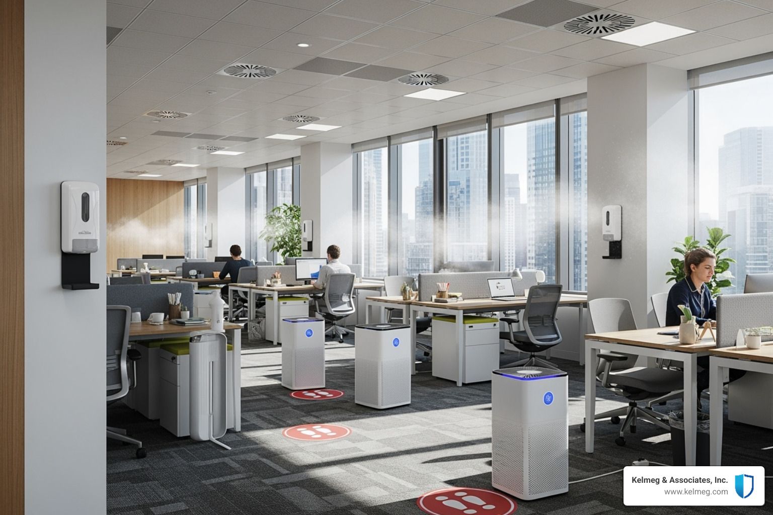 A modern office with social distancing markers, hand sanitizer stations, and good ventilation. - Covid coverage for employees