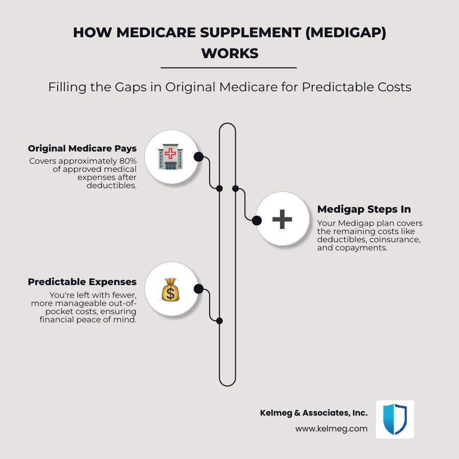 Diagram illustrating how Medigap works. Original Medicare pays, Medigap steps in, leading to predictable expenses and financial peace of mind.