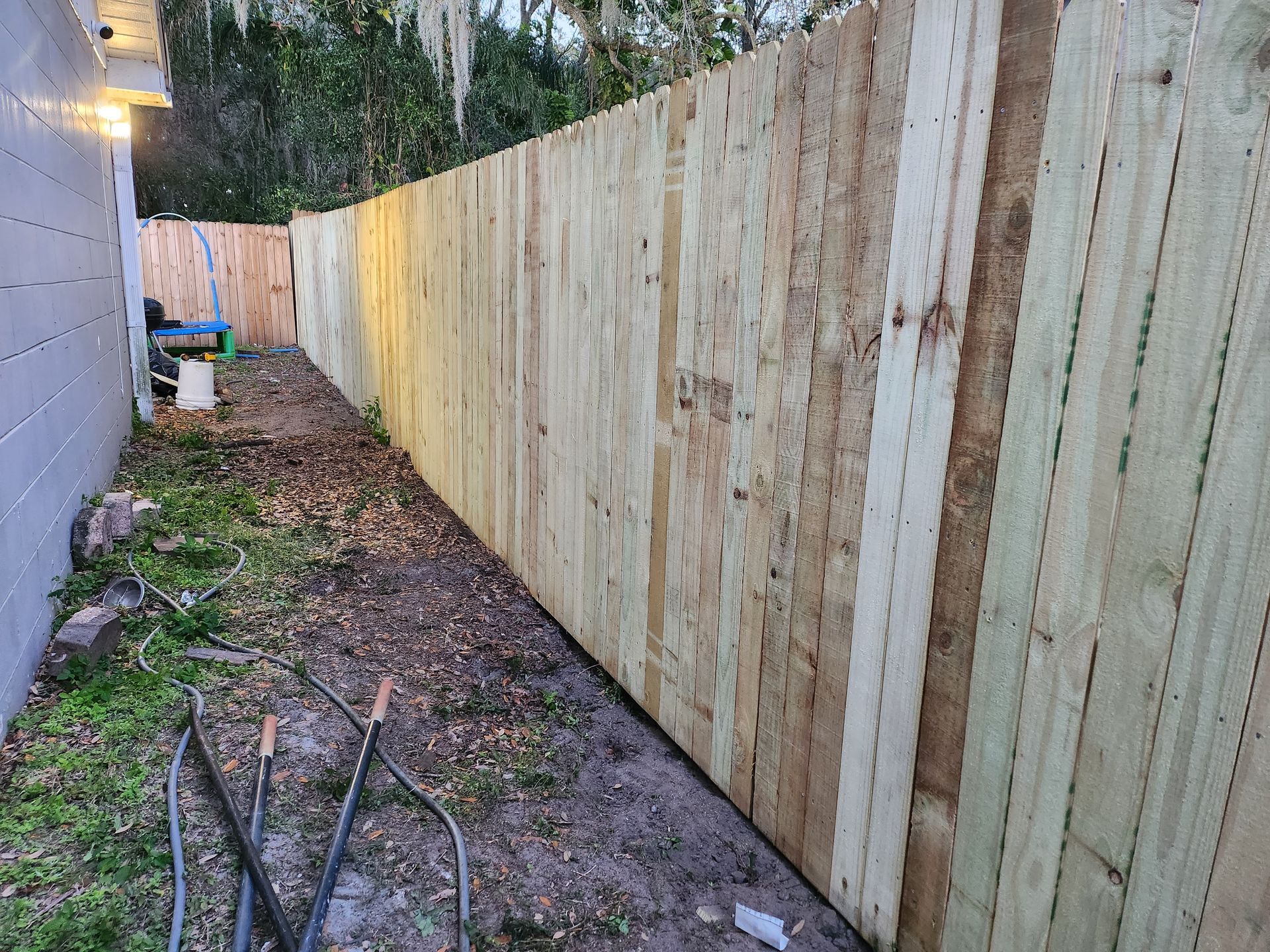 Wooden fence in backyard, green grass and tools.