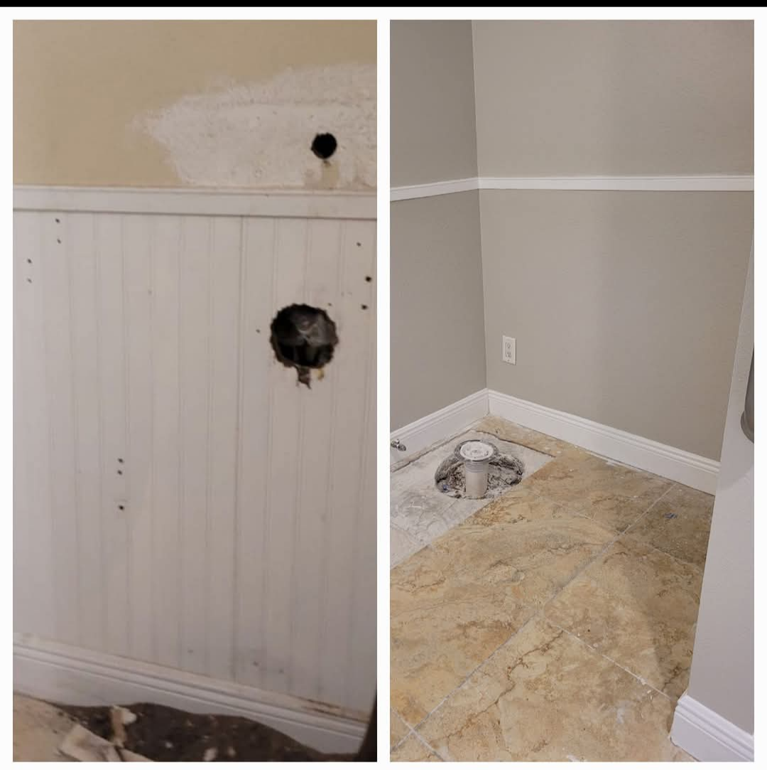 Two photos show a bathroom remodel. One shows wainscoting with a damaged wall, and the other shows a finished gray wall.