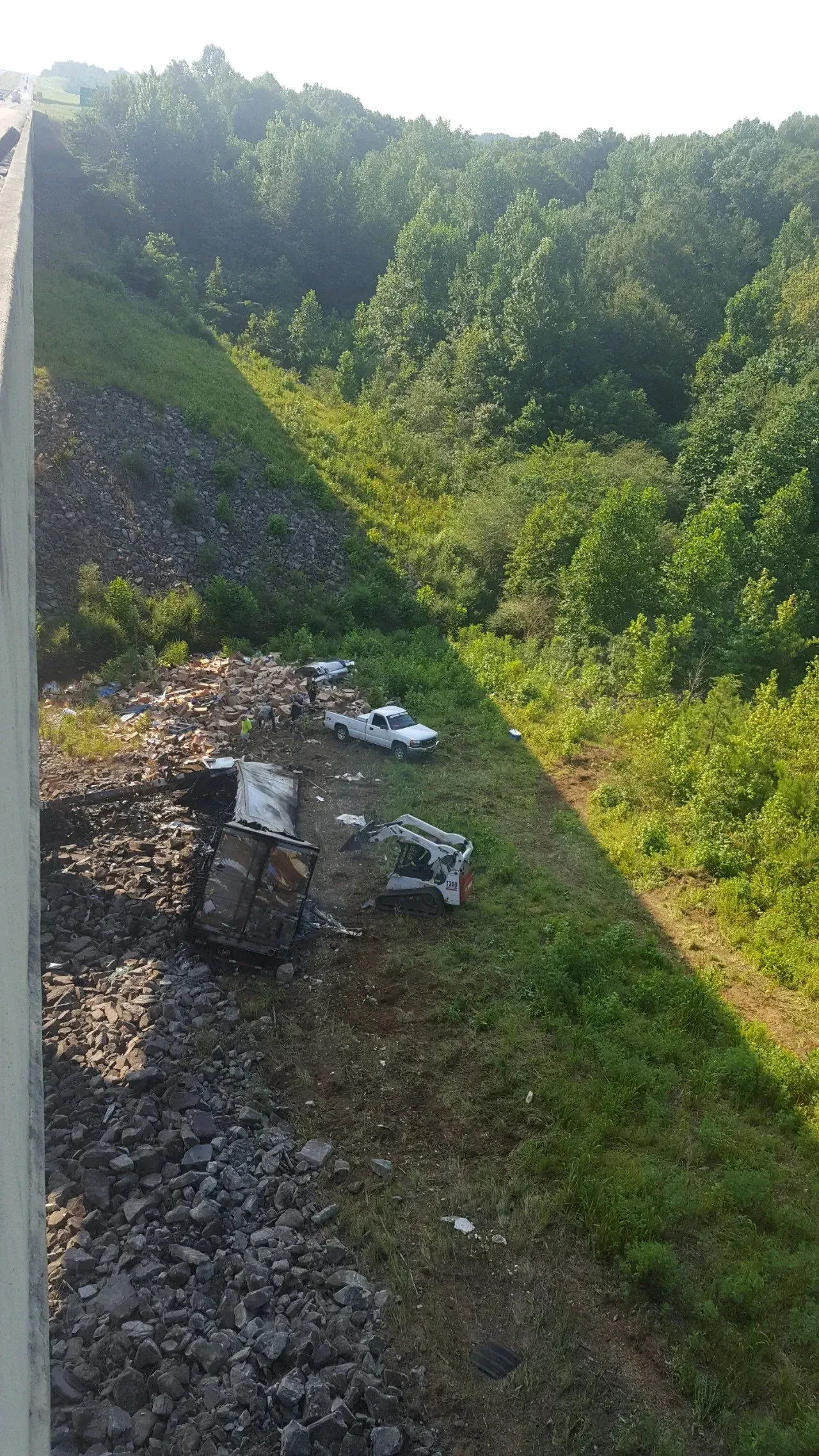 A group of cars are sitting on the side of a road next to a forest.