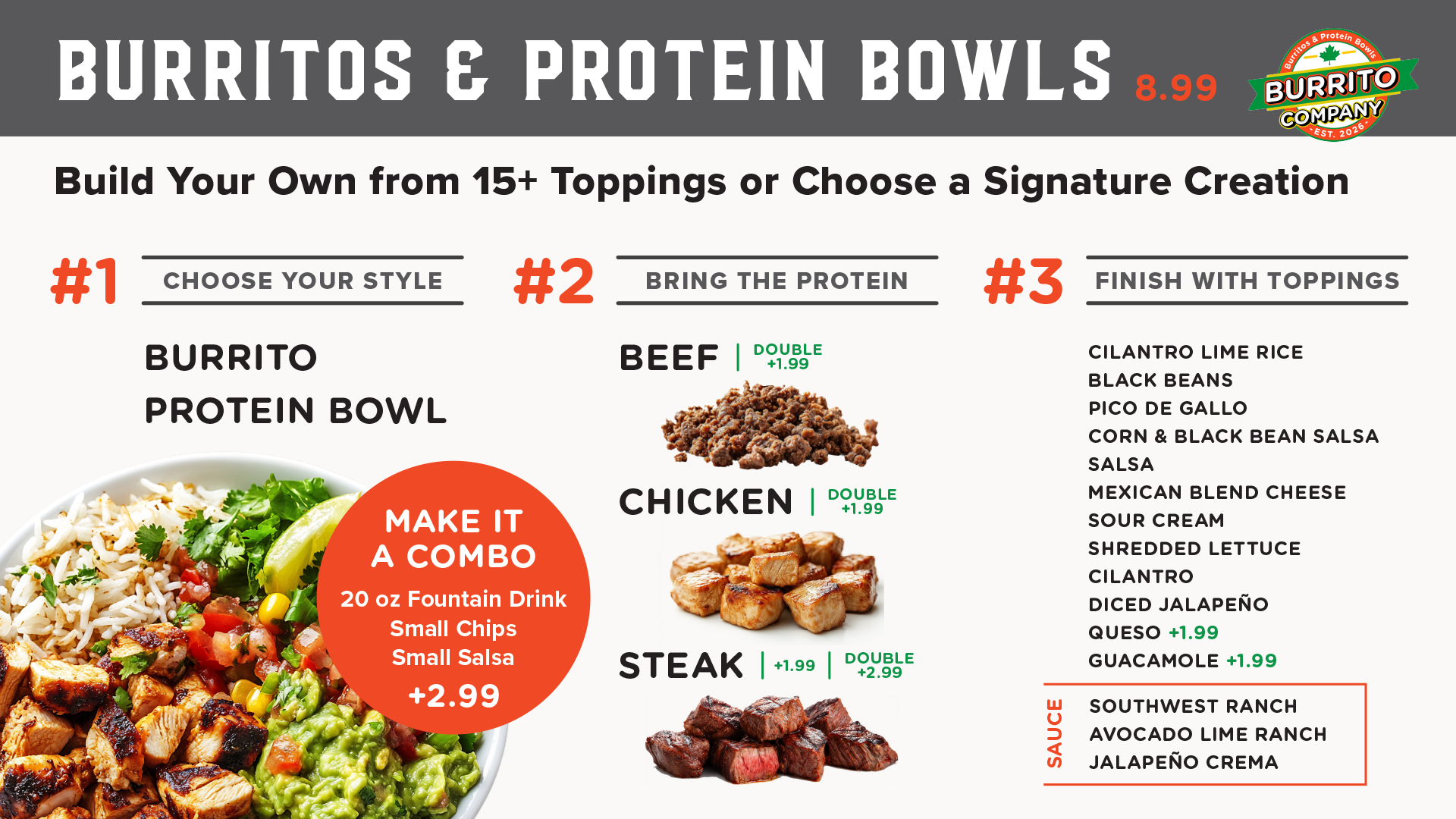 Burritos & Protein Bowls menu showing steps to build a bowl with toppings and protein choices