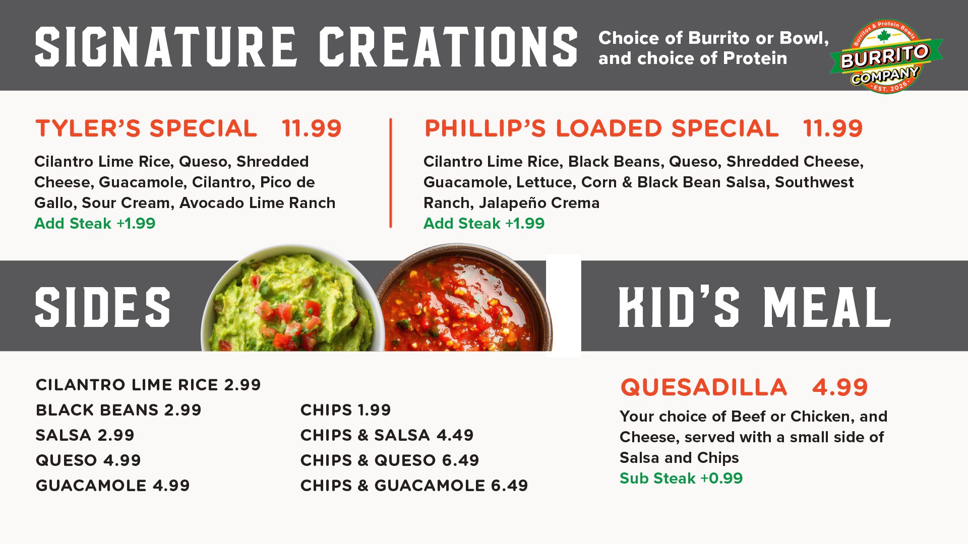 Restaurant menu board with signature creations, sides, and kid’s meal sections on a white background.