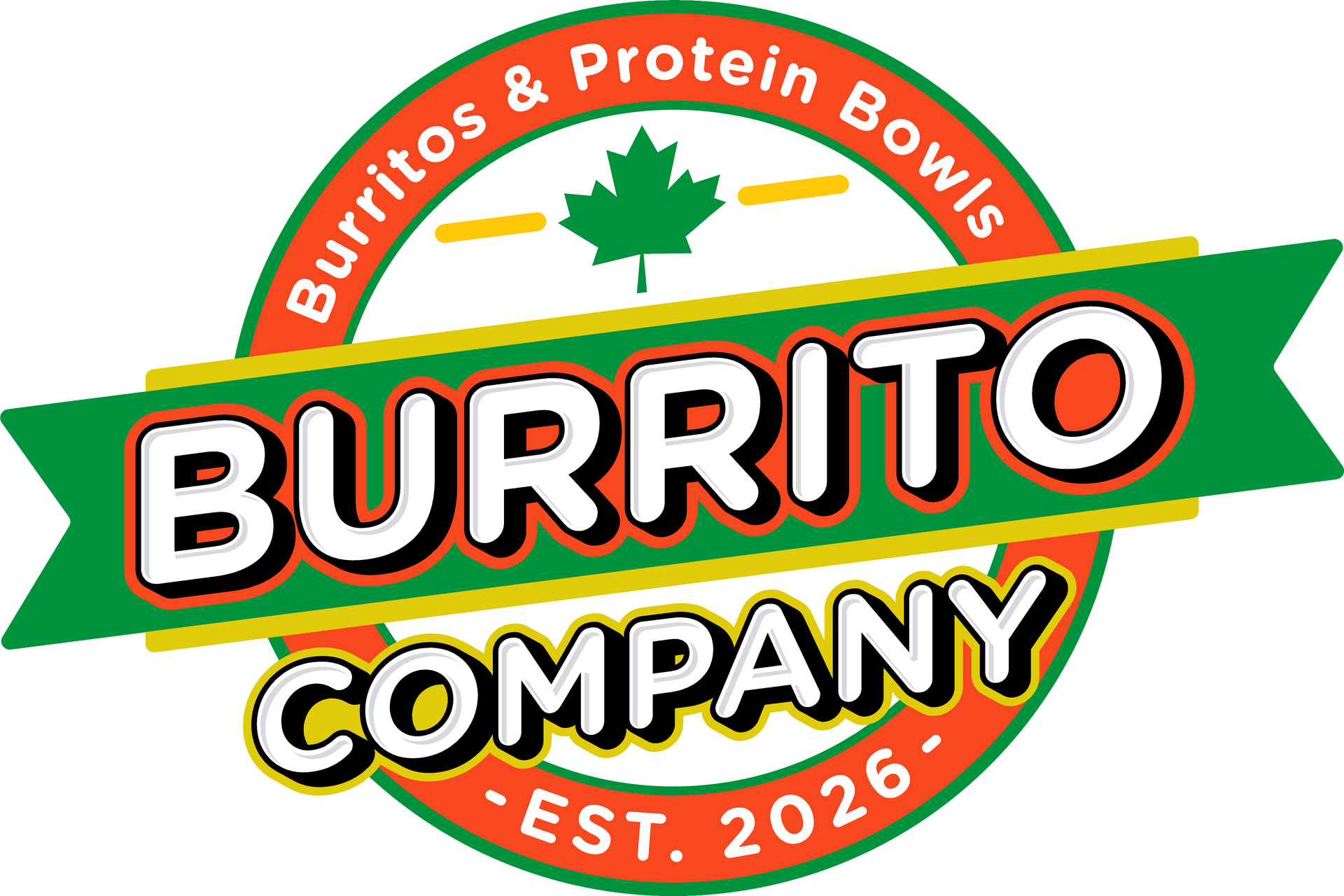 Burrito Company logo with green, red, and white text and a maple leaf emblem