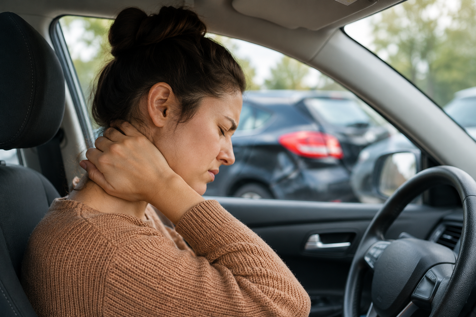 Driver holding their neck after a car accident, showing whiplash pain and neck strain symptoms.