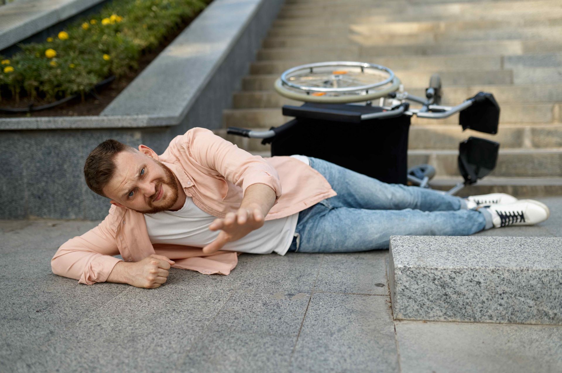 A person in a wheelchair who has fallen over due to the premises not being safe. Clicking this picture takes you to Premises Liability.
