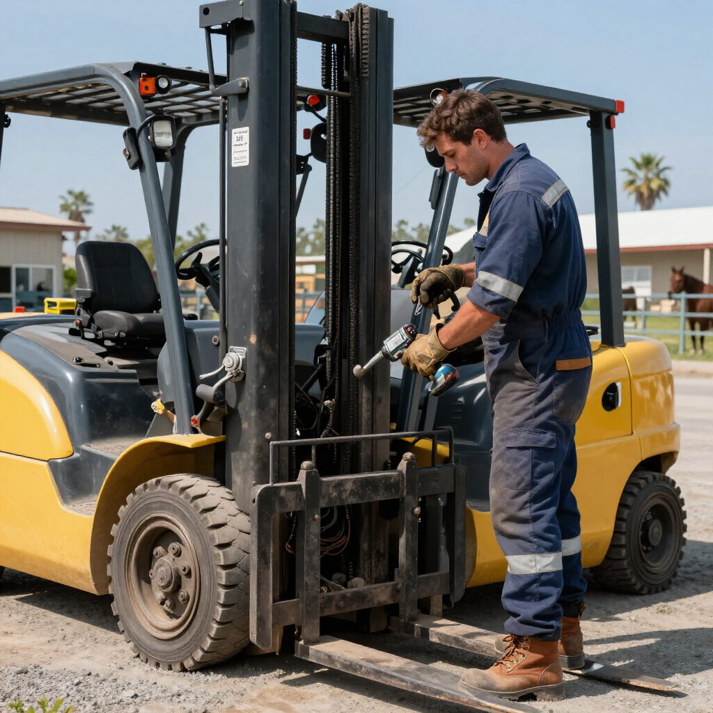 A mechanic in a blue uniform uses a power drill to repair a yellow industrial forklift parked in an outdoor lot.