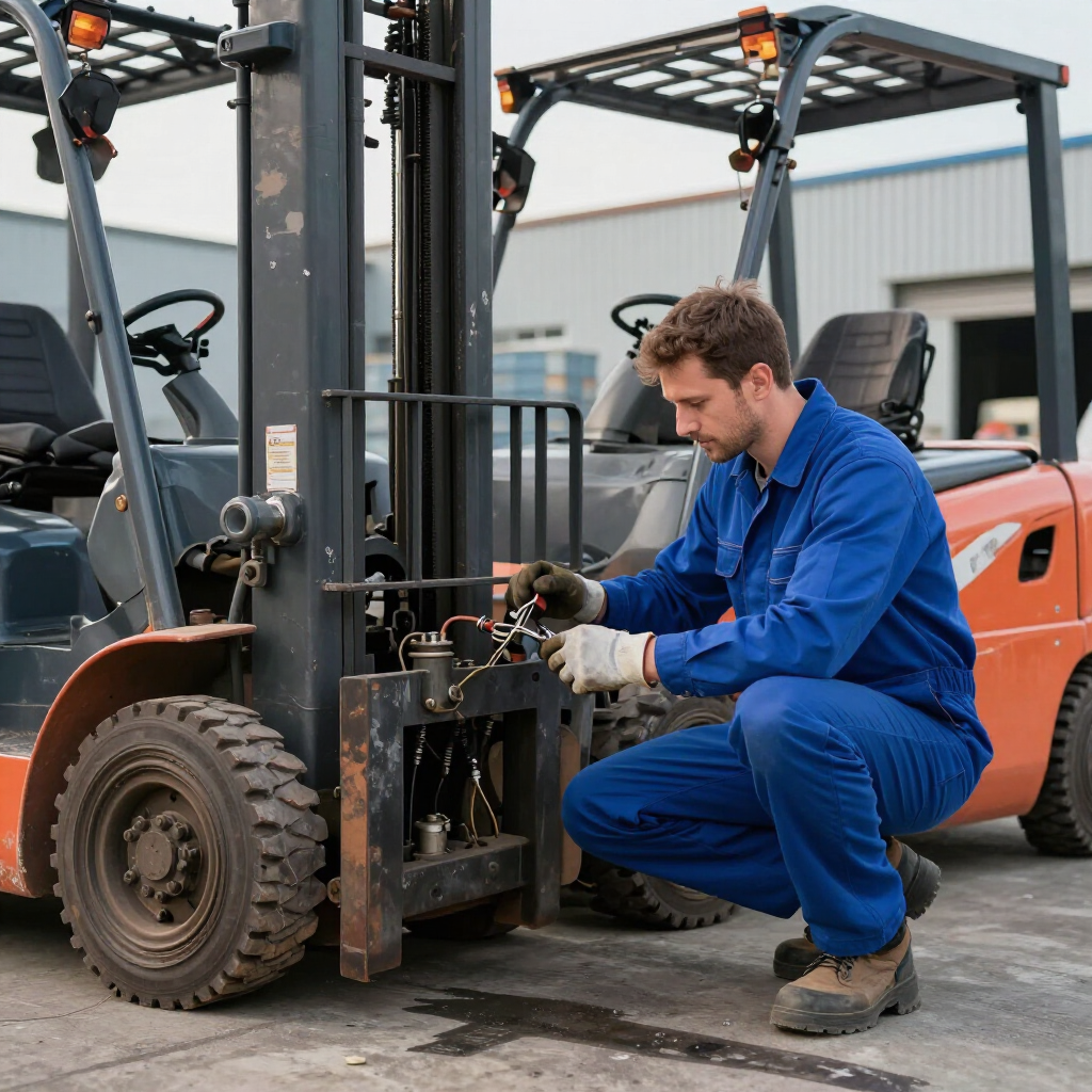 A technician in blue coveralls and gloves squats to perform maintenance on the mast of an orange industrial forklift.