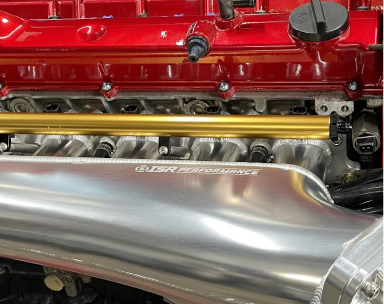 Close-up of a vibrant red engine valve cover, a polished silver intake manifold, and a gold fuel rail | Pro-Tec Auto Care