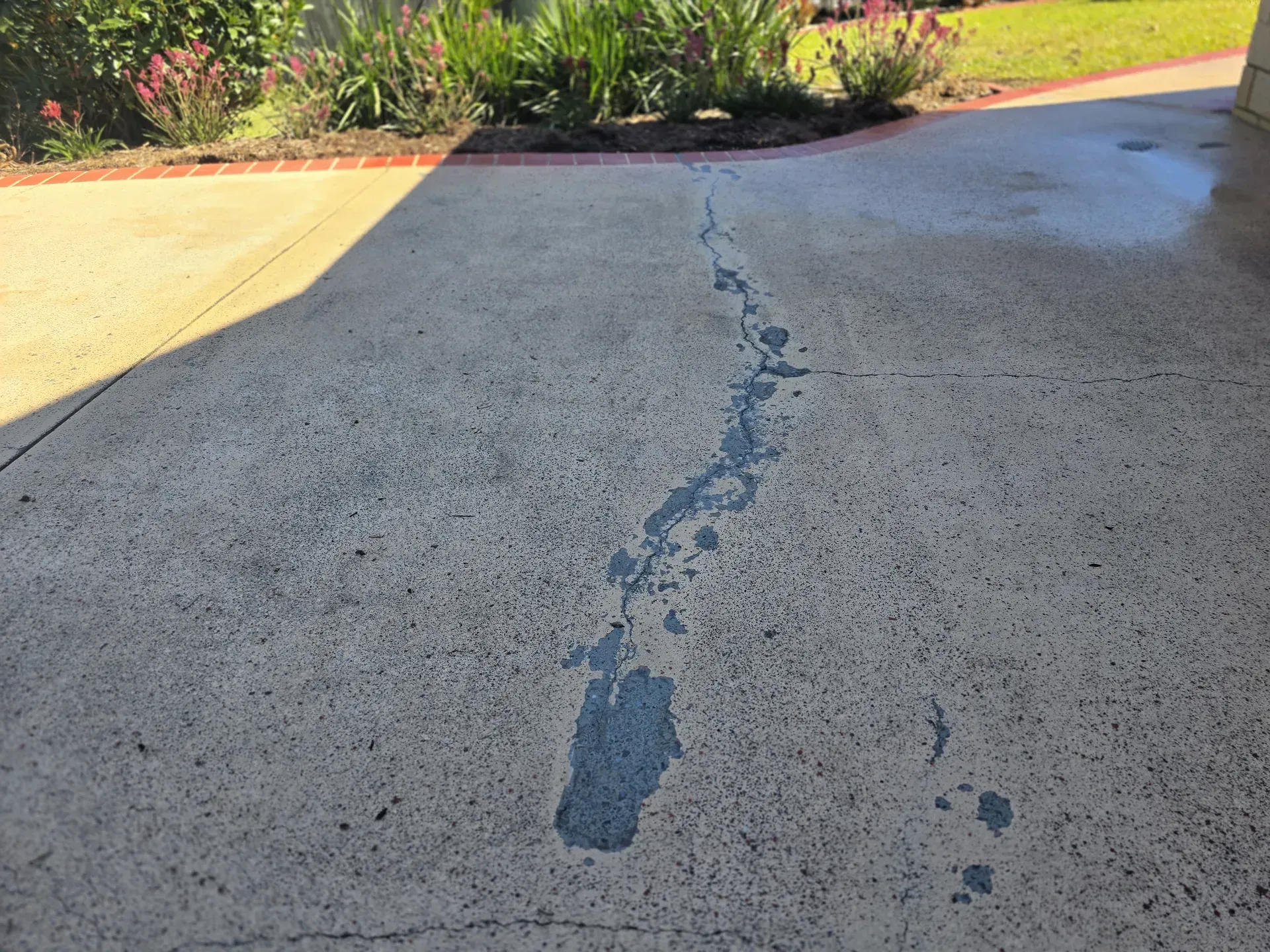 Concrete driveway with a long, dark crack and small dark stains near a garden bed.