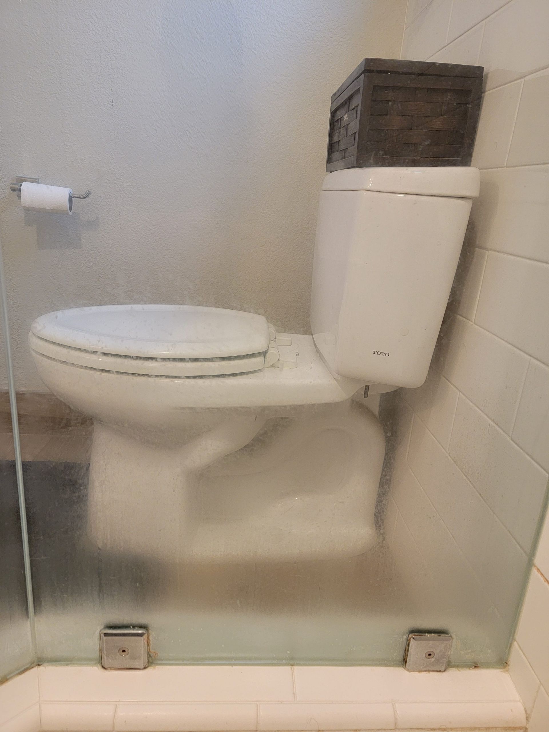 White toilet behind a frosted glass partition with a decorative box on the tank and a toilet paper roll on the wall.