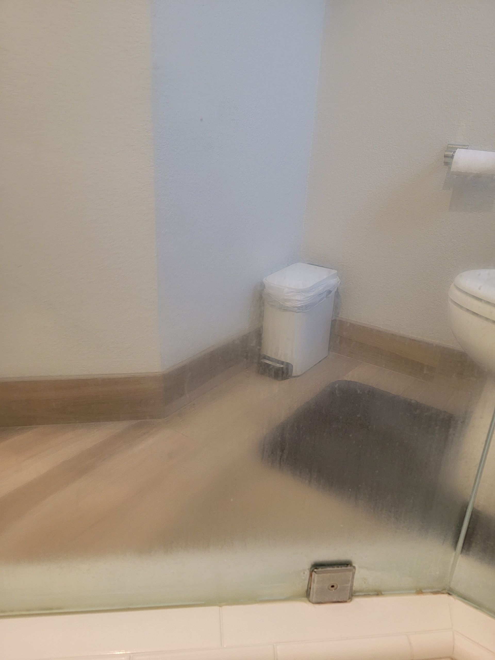 A white trash can sits in the corner of a bathroom next to a dark gray floor mat and a shower glass pane.