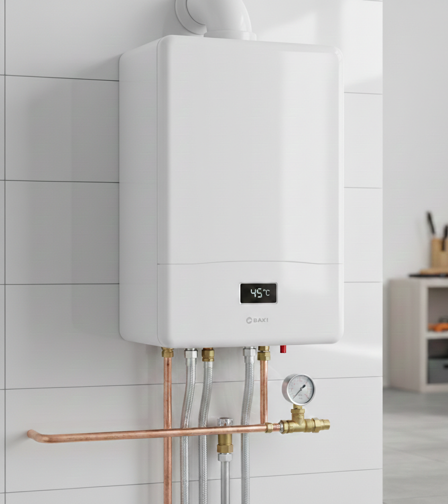 Caldaia a gas bianca a parete con tubi in rame, manometro e display digitale, su parete piastrellata.