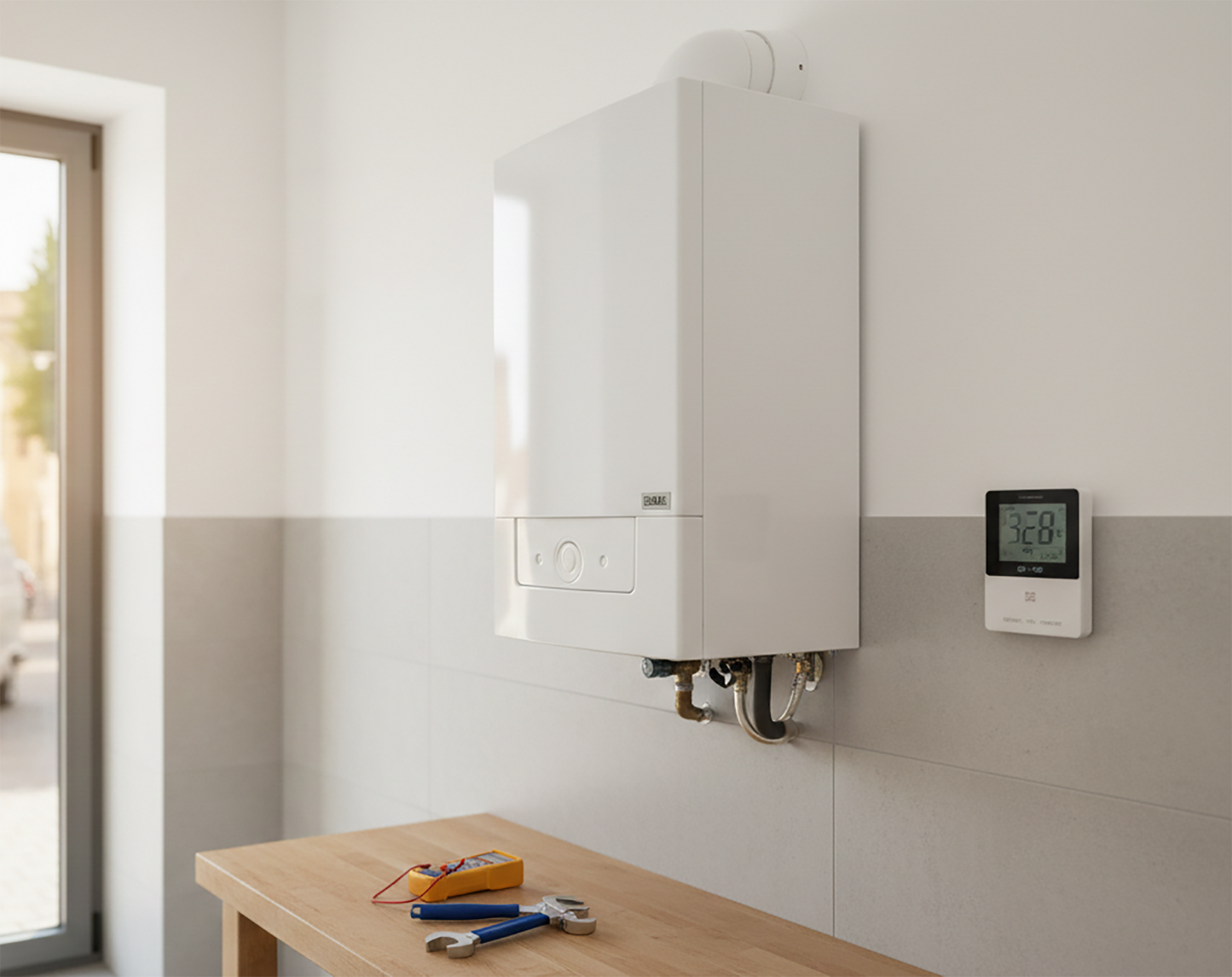 Caldaia bianca a parete con termostato. Attrezzi su un tavolo sottostante.