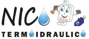 Logo per NIC Termoidraulico, raffigurante una goccia d'acqua, uno scaldabagno a fumetti e una chiave inglese.