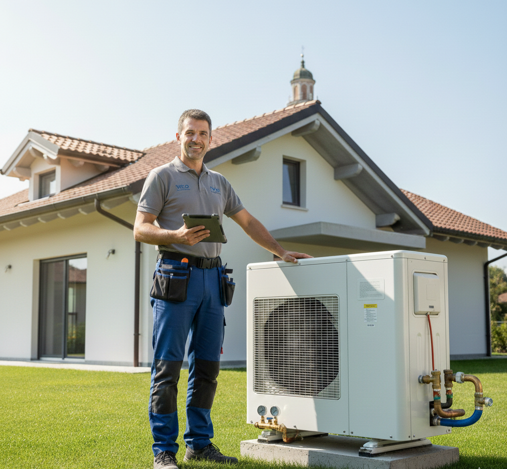 Tecnico HVAC in piedi vicino a un'unità di aria condizionata davanti a una casa, con in mano un tablet e sorridente.