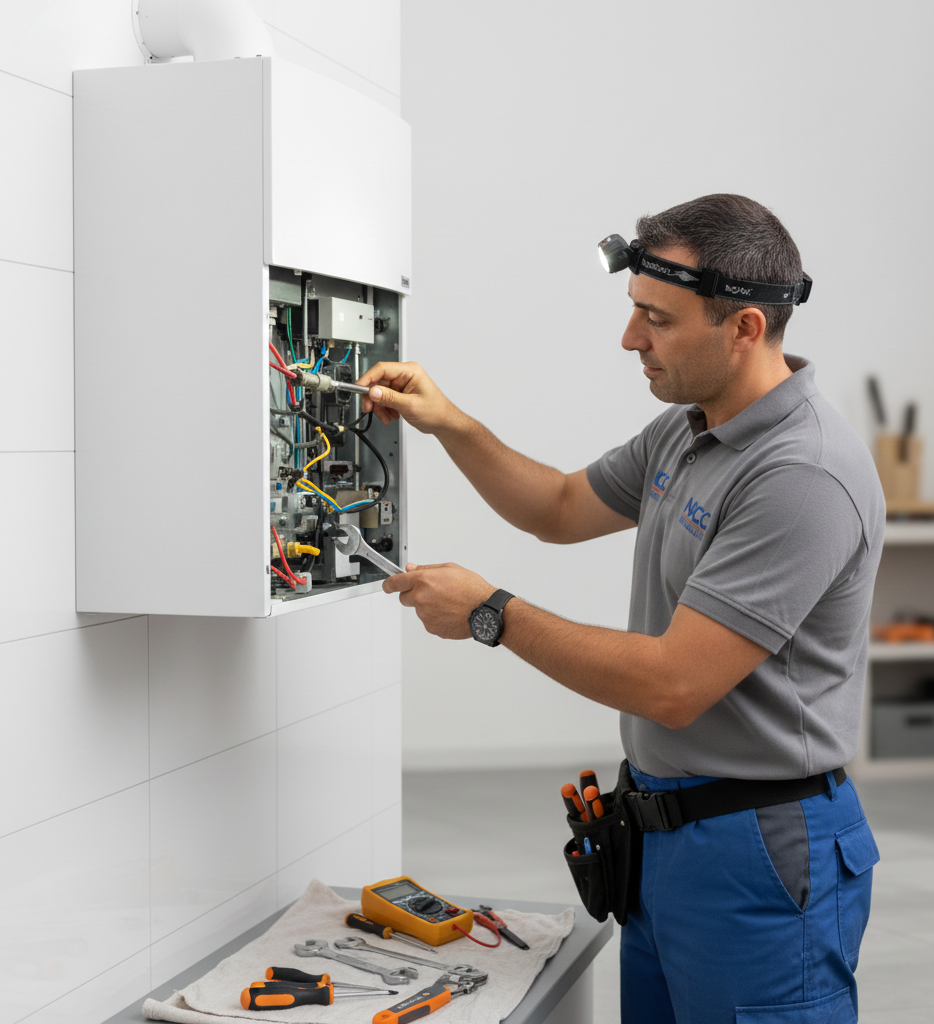 Uomo con camicia grigia e lampada frontale che ripara un elettrodomestico appeso a un muro, con gli attrezzi ai suoi piedi.