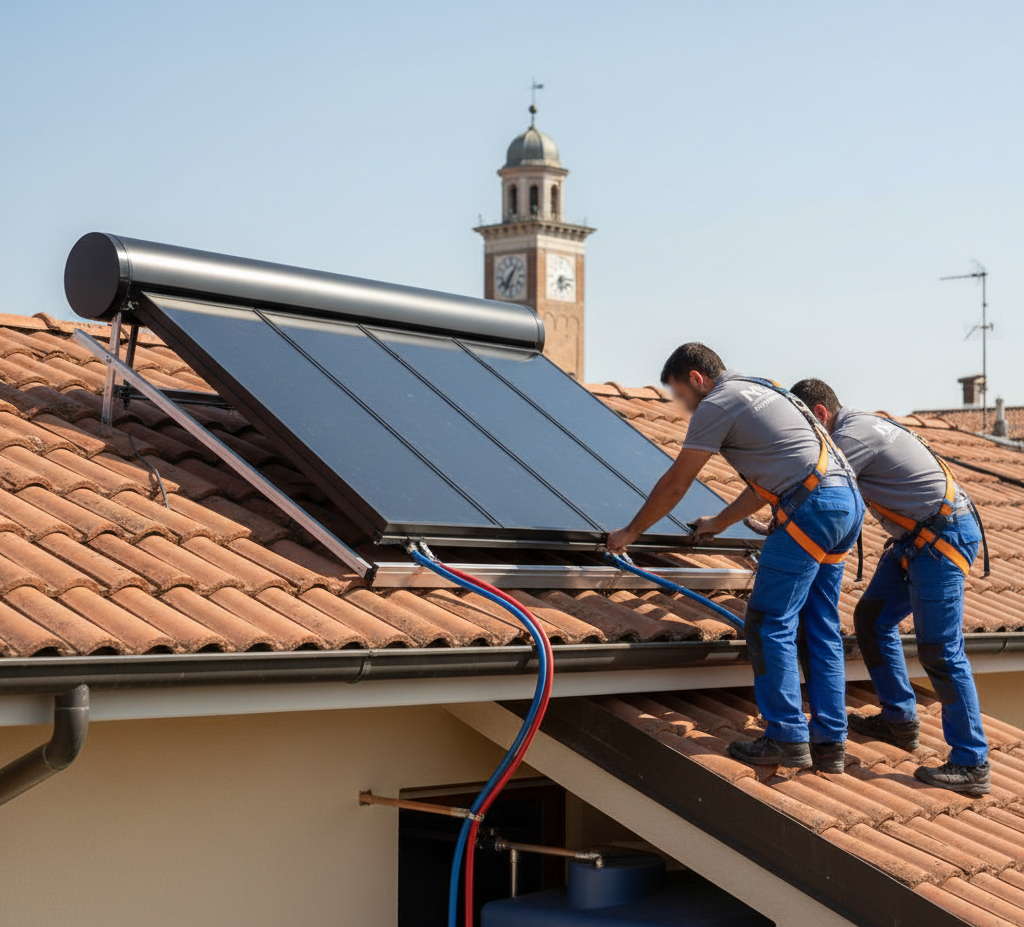 Due operai installano pannelli solari su un tetto. Indossano imbracature; sullo sfondo si vede il campanile di una chiesa.