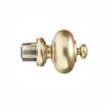 Gold-colored curtain rod finial with a round, bulbous design and a connecting shaft.