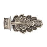Silver-colored metal curtain rod finial with an oak leaf design.