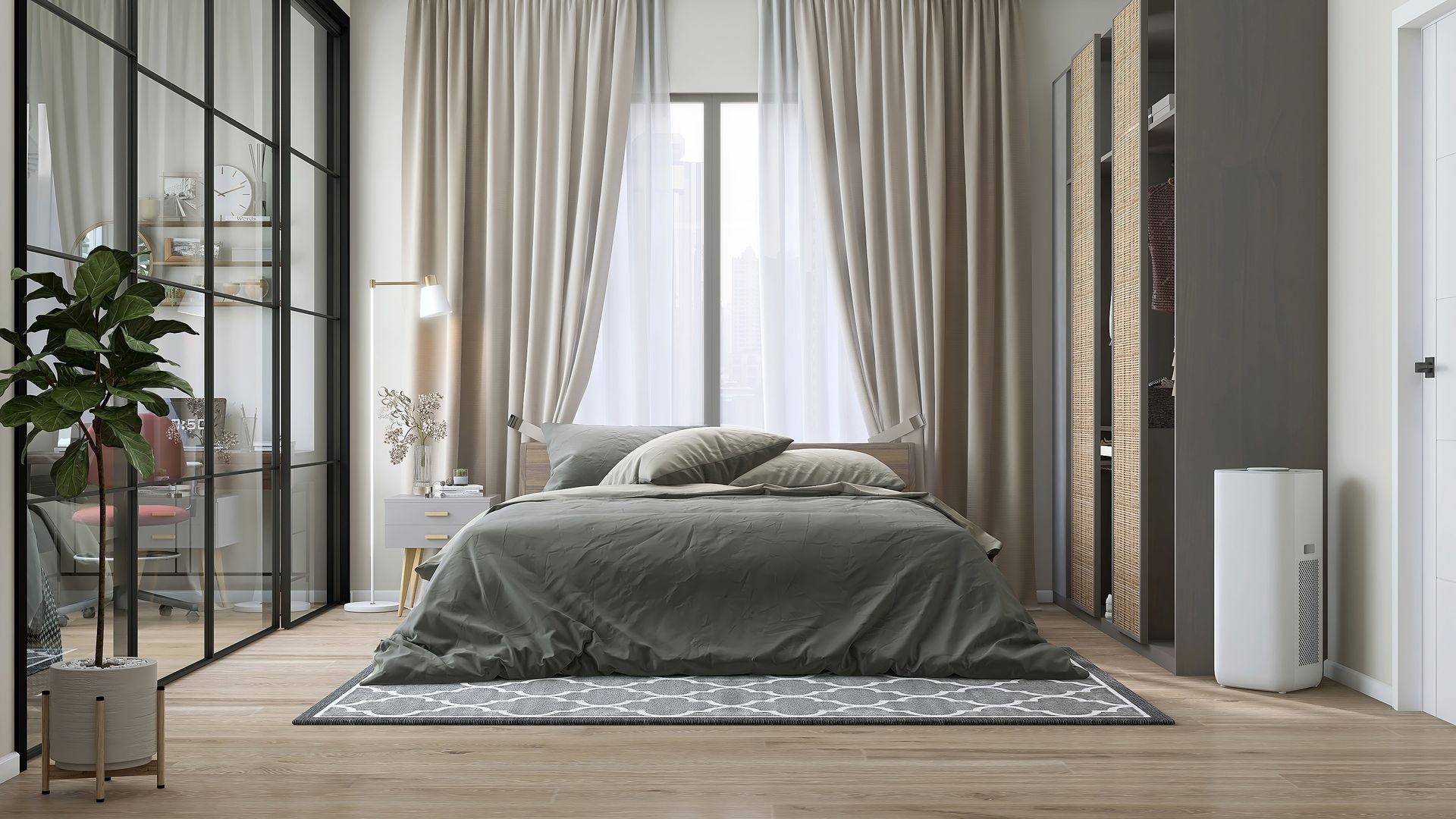 White sheer curtains hanging in front of a window, with wavy lower edge over a wooden floor.