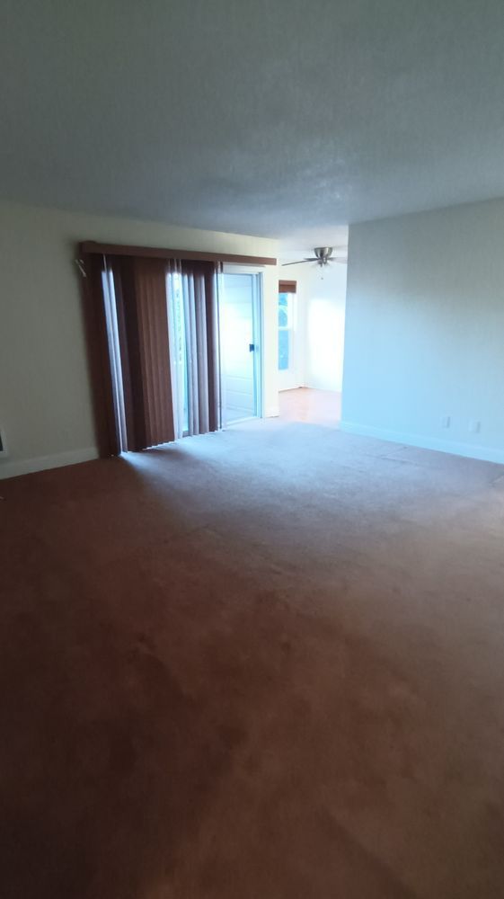An empty living room with brown carpet and white walls