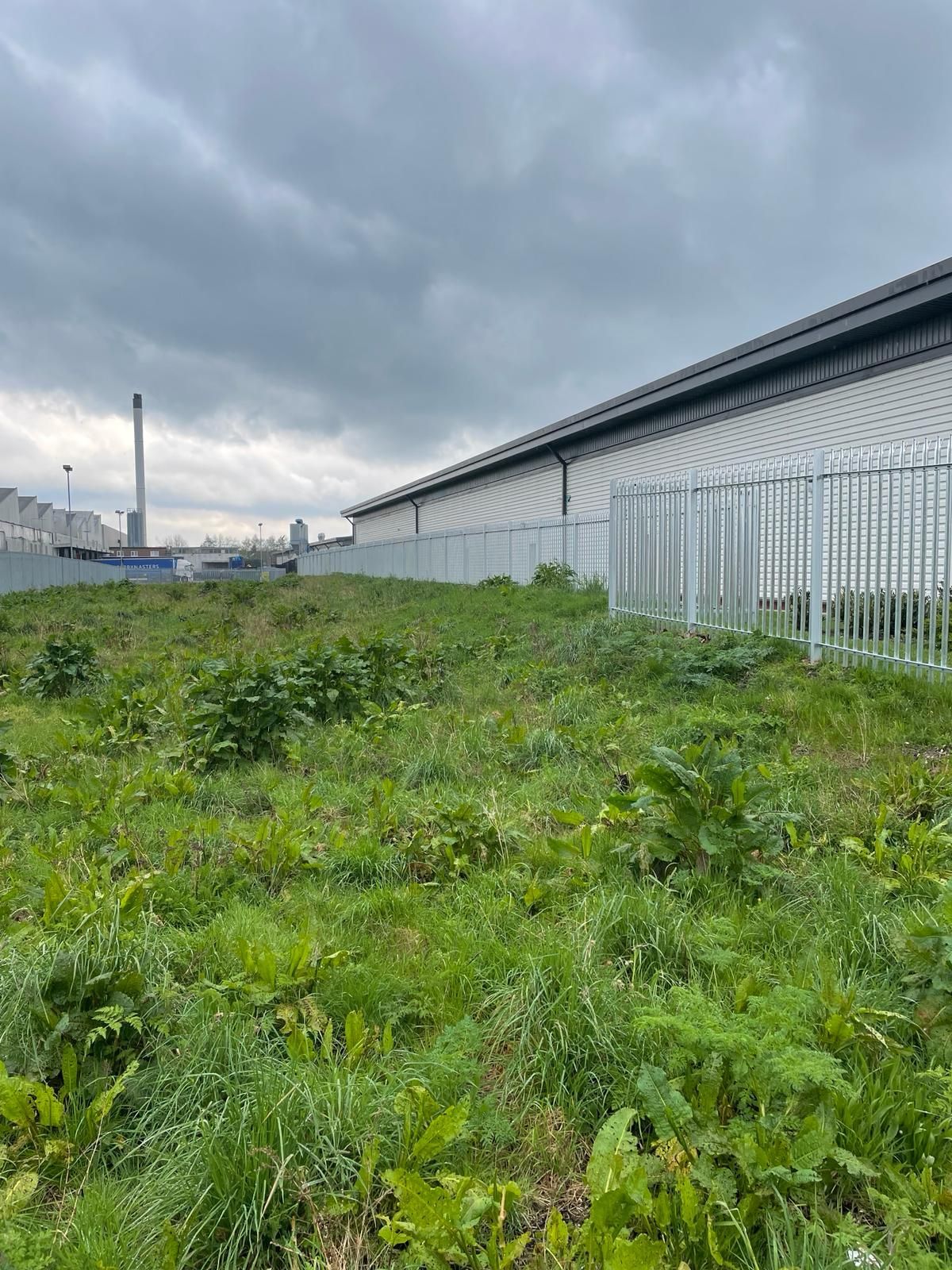 A large grassy field in front of a building on a cloudy day.