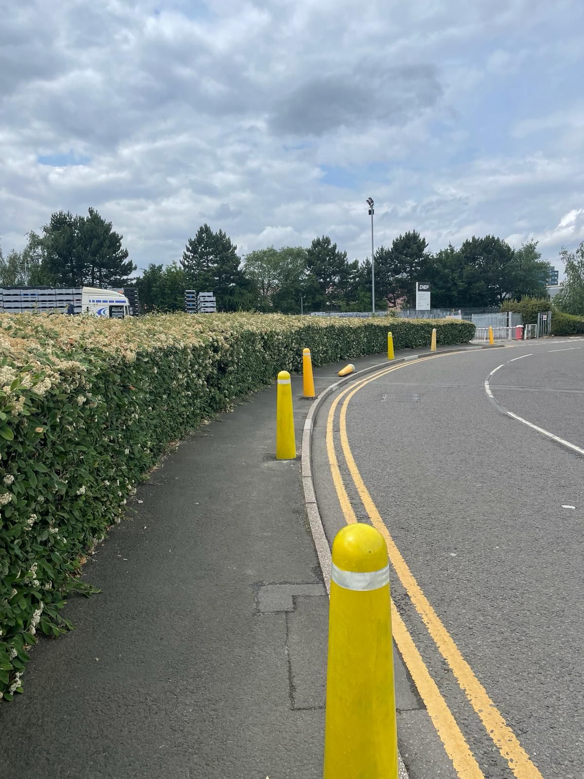 A road with yellow poles on the side of it