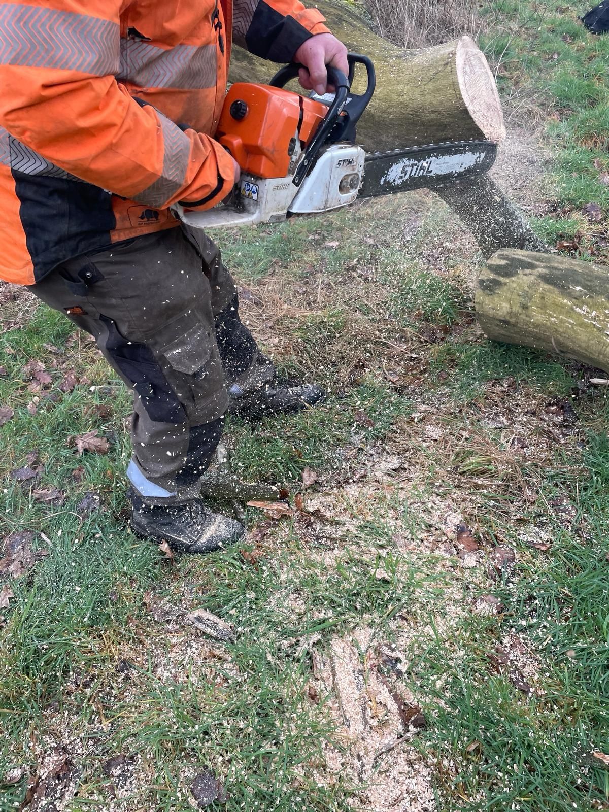 A man is cutting a tree stump with a chainsaw.