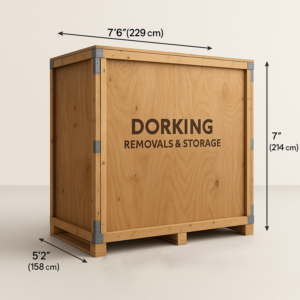 image of a 250 cube wooden Storage Container An image with measurements of a wooden 250 cubic feet storage container as used by Removal Companies