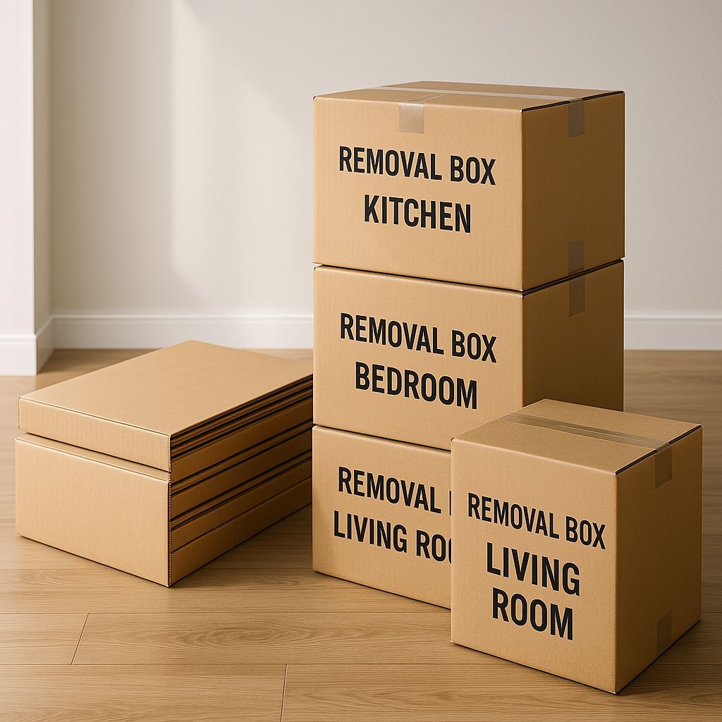 A realistic and professional image of removal boxes in a modern home setting. Some boxes are flat packed and stacked neatly, while others are fully assembled and labelled with room names like 'Kitchen', 'Bedroom', and 'Living Room'. The boxes are made of sturdy cardboard, with clear tape and printed labels. The scene is well-lit with natural light, and the background includes a clean, neutral-toned wall and wooden flooring. The overall atmosphere is organized and ready for a house move.