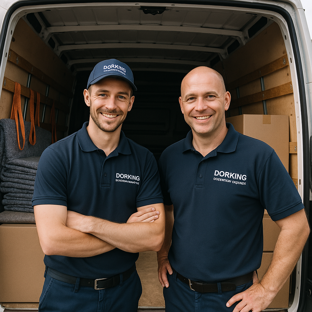 Image of two smiling men facing forward and a van which has been partly loaded Image of two smiling men facing forward and a van which has been partly loaded