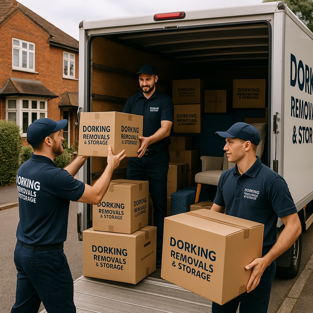 Image of movers loading a Removal van. The movers are wearing Dorking Removals uniforms. The boxes and the van have Dorking Removals & Storage written on them