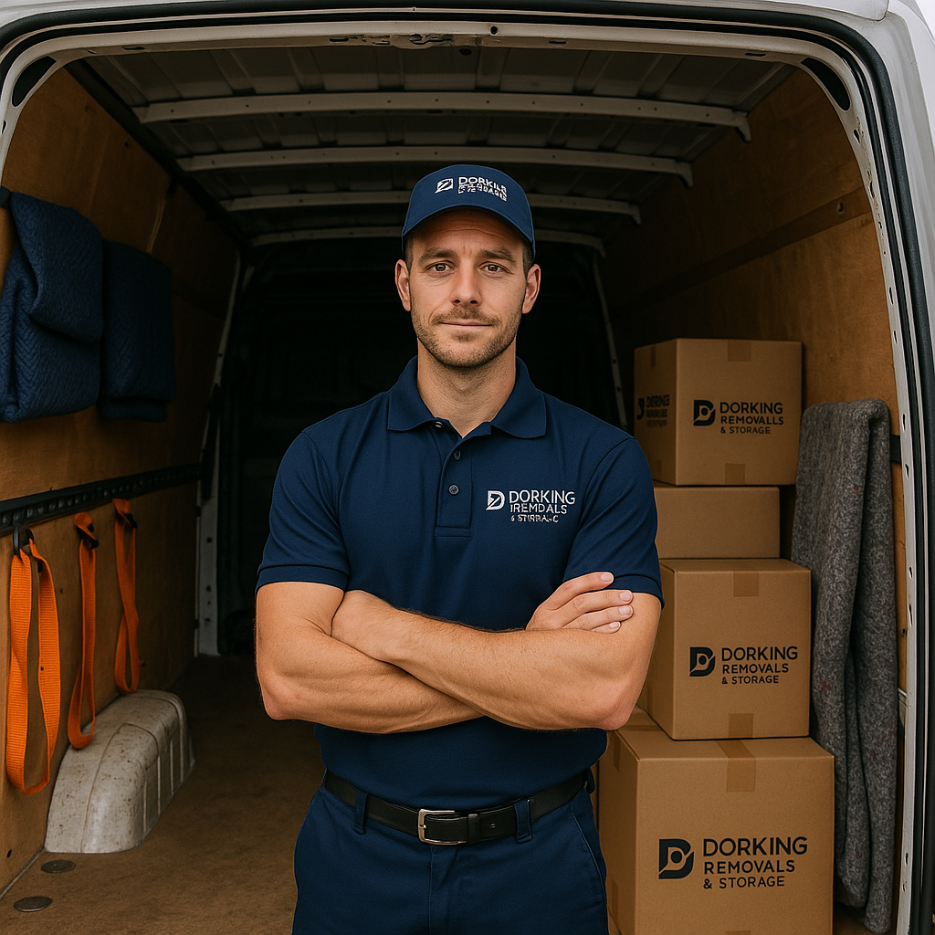 Image of a man with a partially loaded van Image of a man & van from Dorking Removals & Storage. The man is looking forward with crossed arms. In the background is an image of a van which is partially loaded