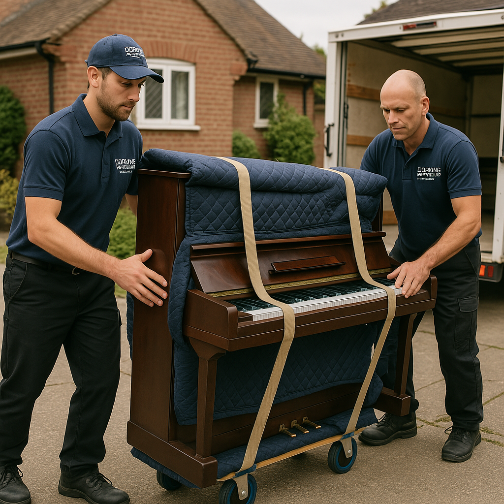 Image of two removal men moving a piano Image of two removal men moving a piano. The piano is on a dolly (Piano truck)