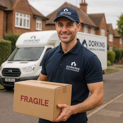 Smiling removal man holding a box Image of a Dorking Removals crew member in uniform holding a box labelled