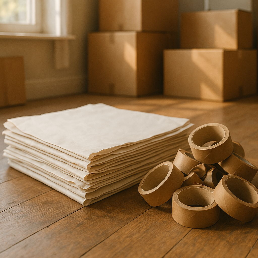 An image showing packing paper and parcel tape with packed boxes in the background 