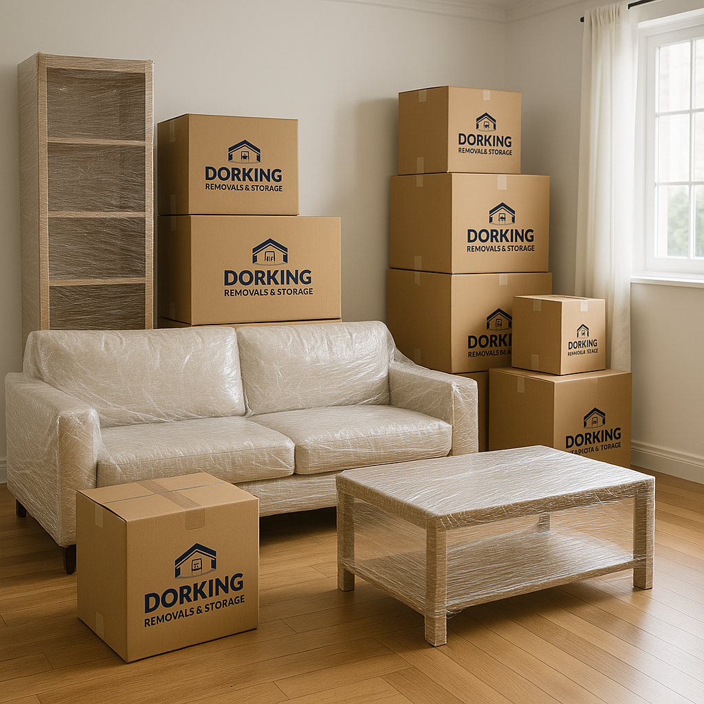 A room packed up and ready for the move. The furniture has been wrapped in cling film An image of a room packed up and ready for the removal day. The furniture has been wrapped in cling film and the boxes bare the Dorking Removals & Storage