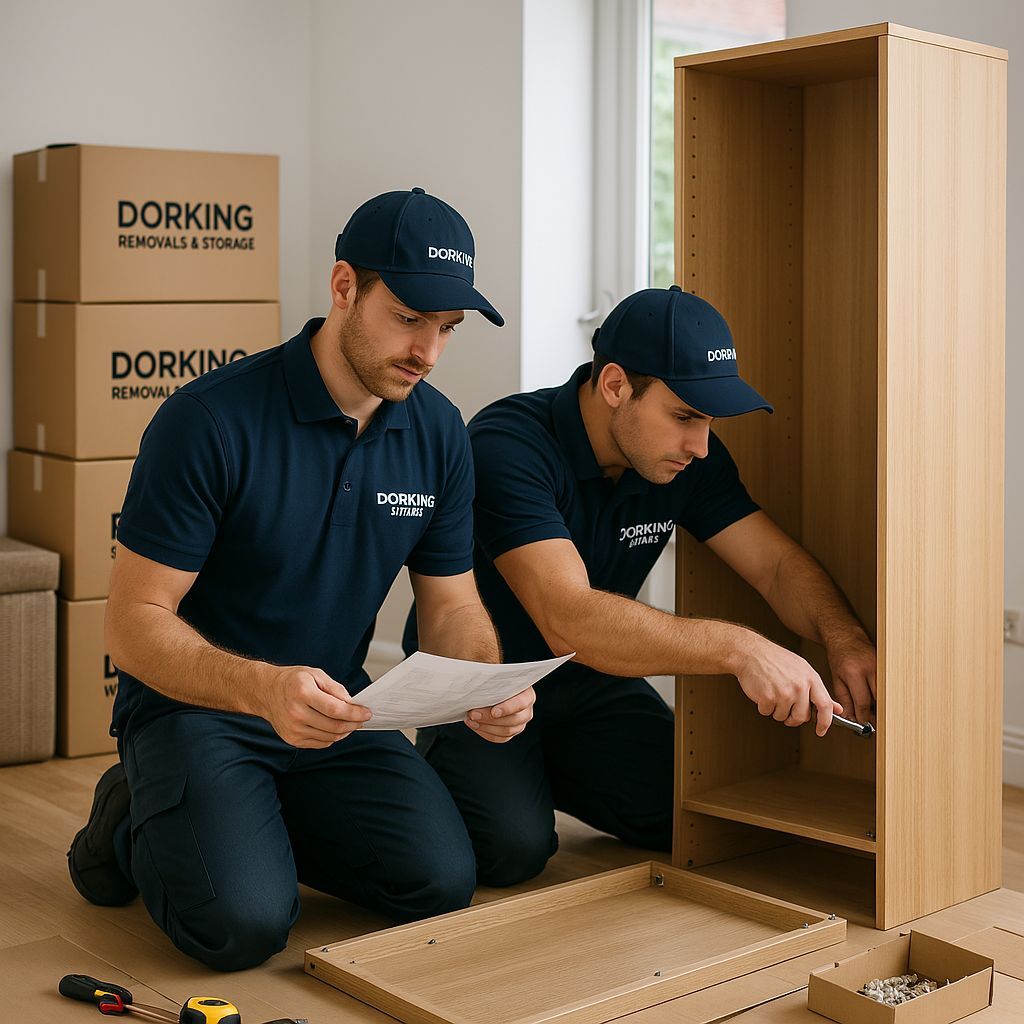 A realistic, professional image of staff from 'Dorking Removals & Storage' assembling flat-packed furniture in a modern home. The scene shows two uniformed workers (wearing branded polo shirts with the company logo) carefully assembling a wooden wardrobe. The room is well-lit with natural light, and there are tools and packaging materials neatly arranged around them. The setting is clean and organized, conveying professionalism and attention to detail. The workers appear focused and collaborative, with one holding instructions and the other using a screwdriver. The background includes moving boxes labelled with the company name. 